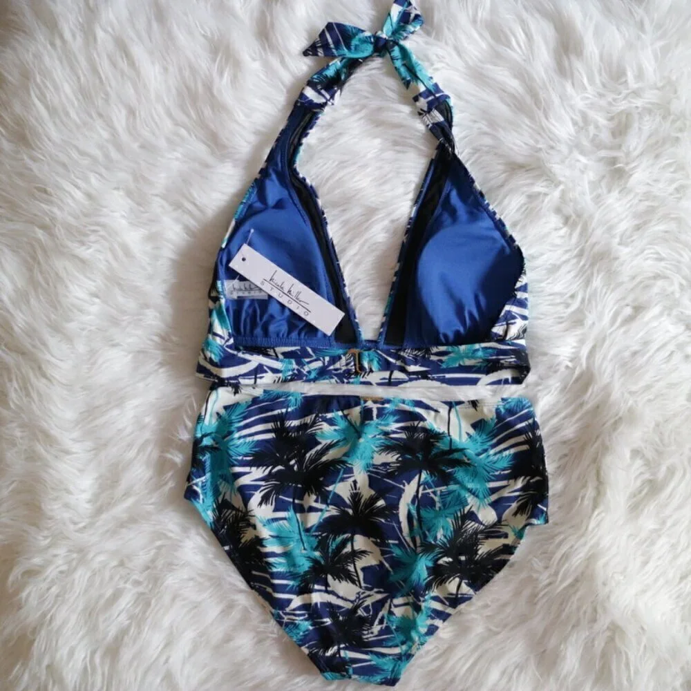 NWT Nicole Miller Bikini Set Size 8 (Medium) Black Blue Tropical Bathing Suit